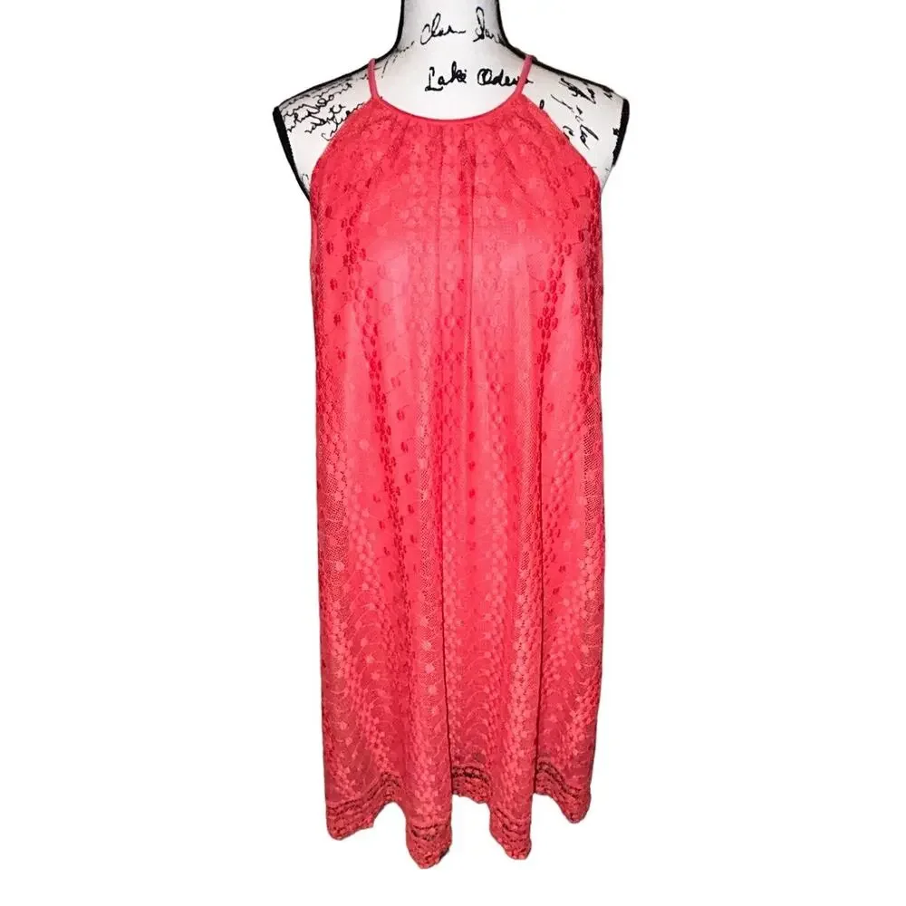 Maggy London Pink Lace Eyelet Keyhole Back Sleeveless Asymmetrical Dress Size 14